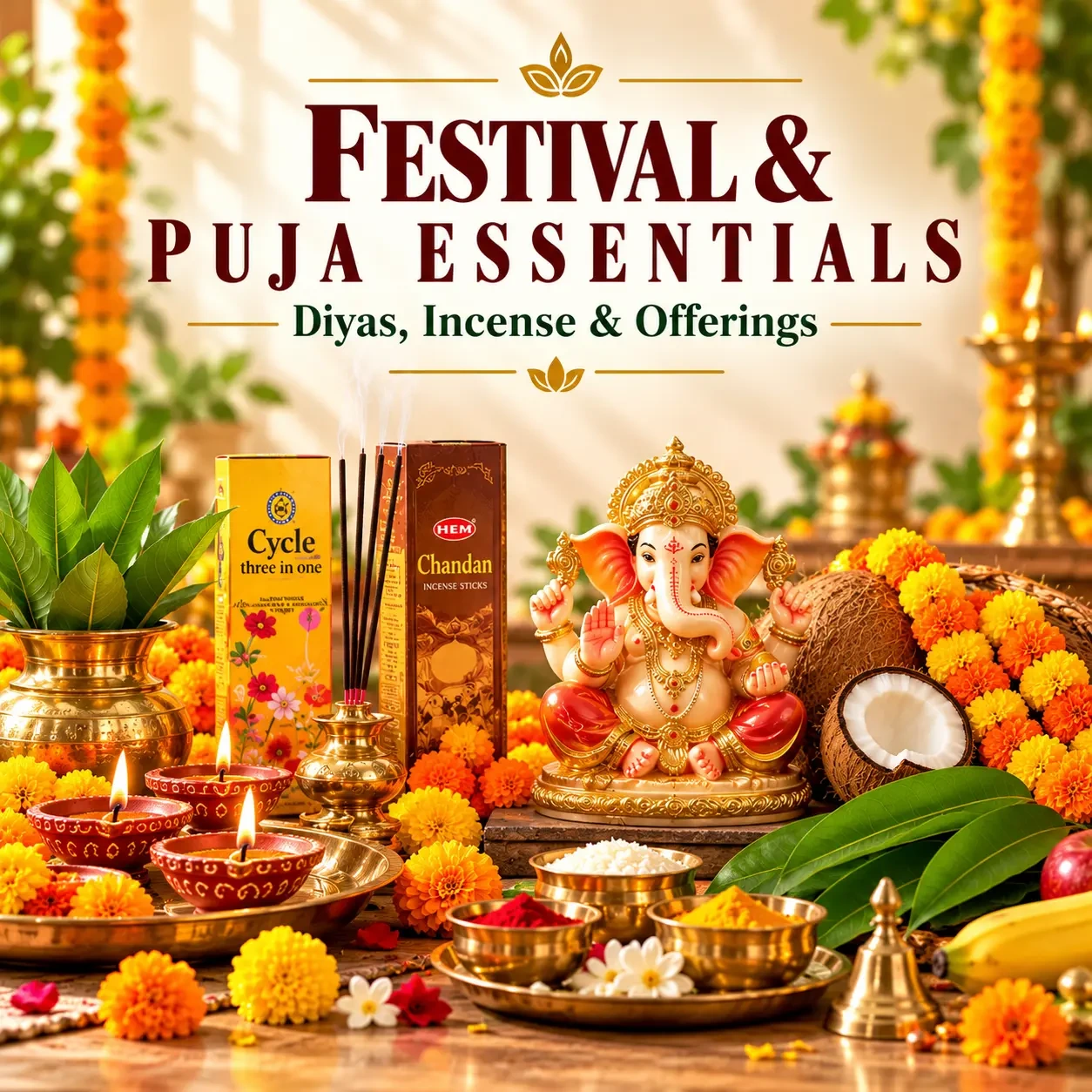 Festival and puja essentials with diyas, incense and offerings