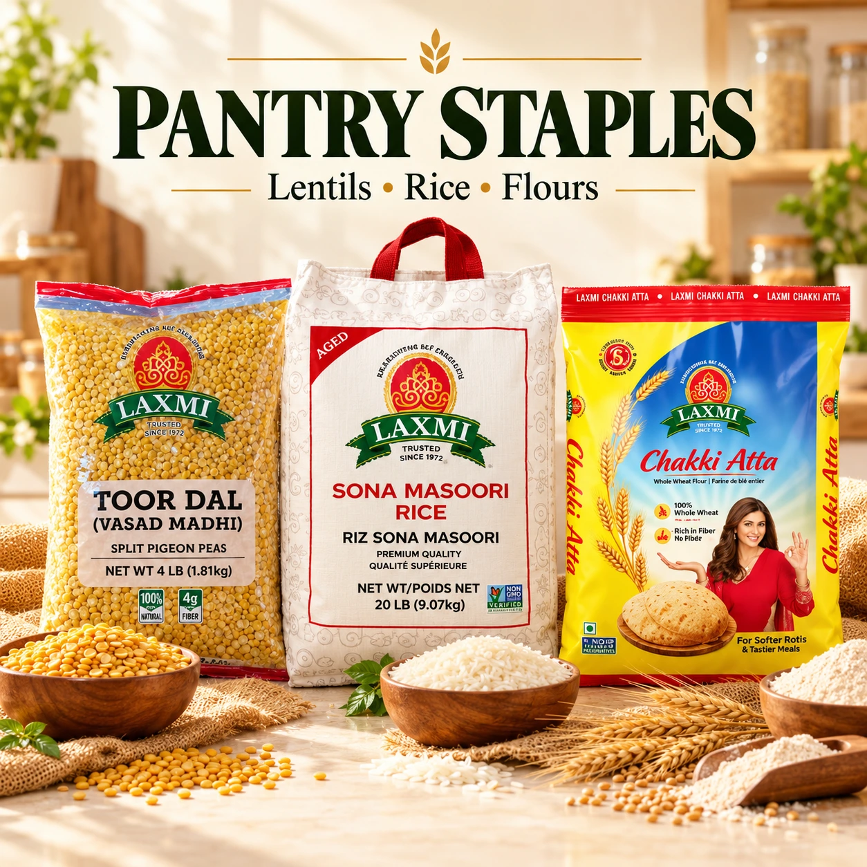 Pantry staples: lentils, rice and flour