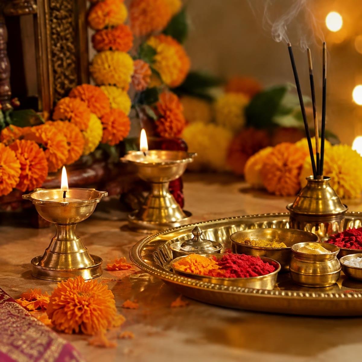 Brass diyas, marigolds and a puja thali
