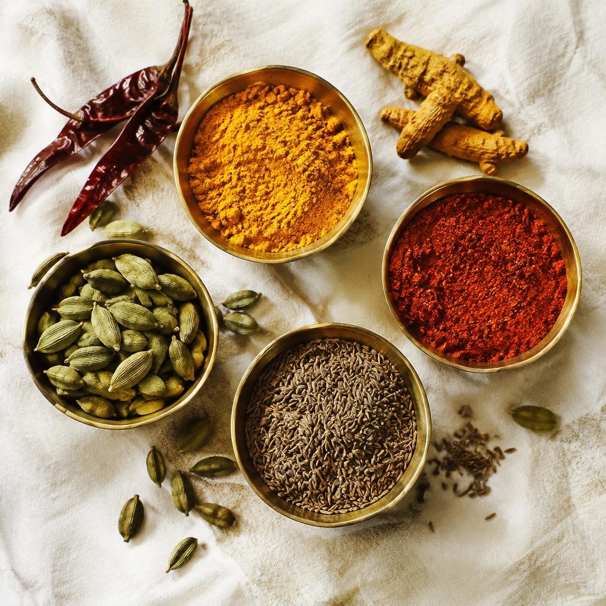 Turmeric, chili, cumin and cardamom in brass bowls