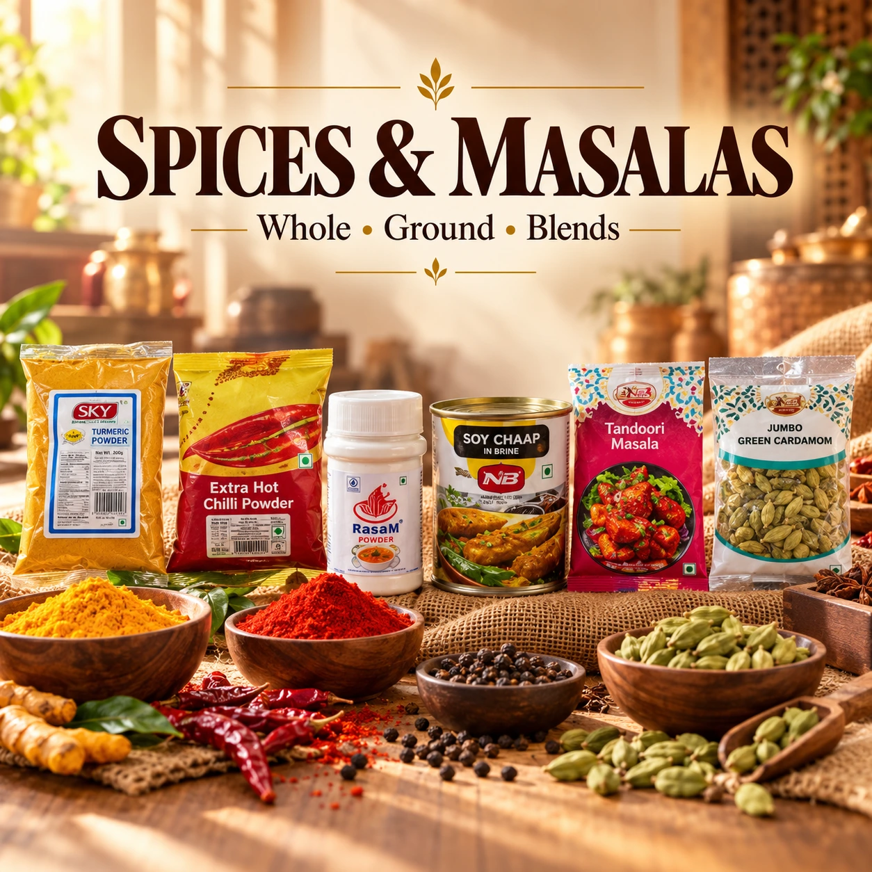 Spices and masalas with turmeric, chilli and cardamom